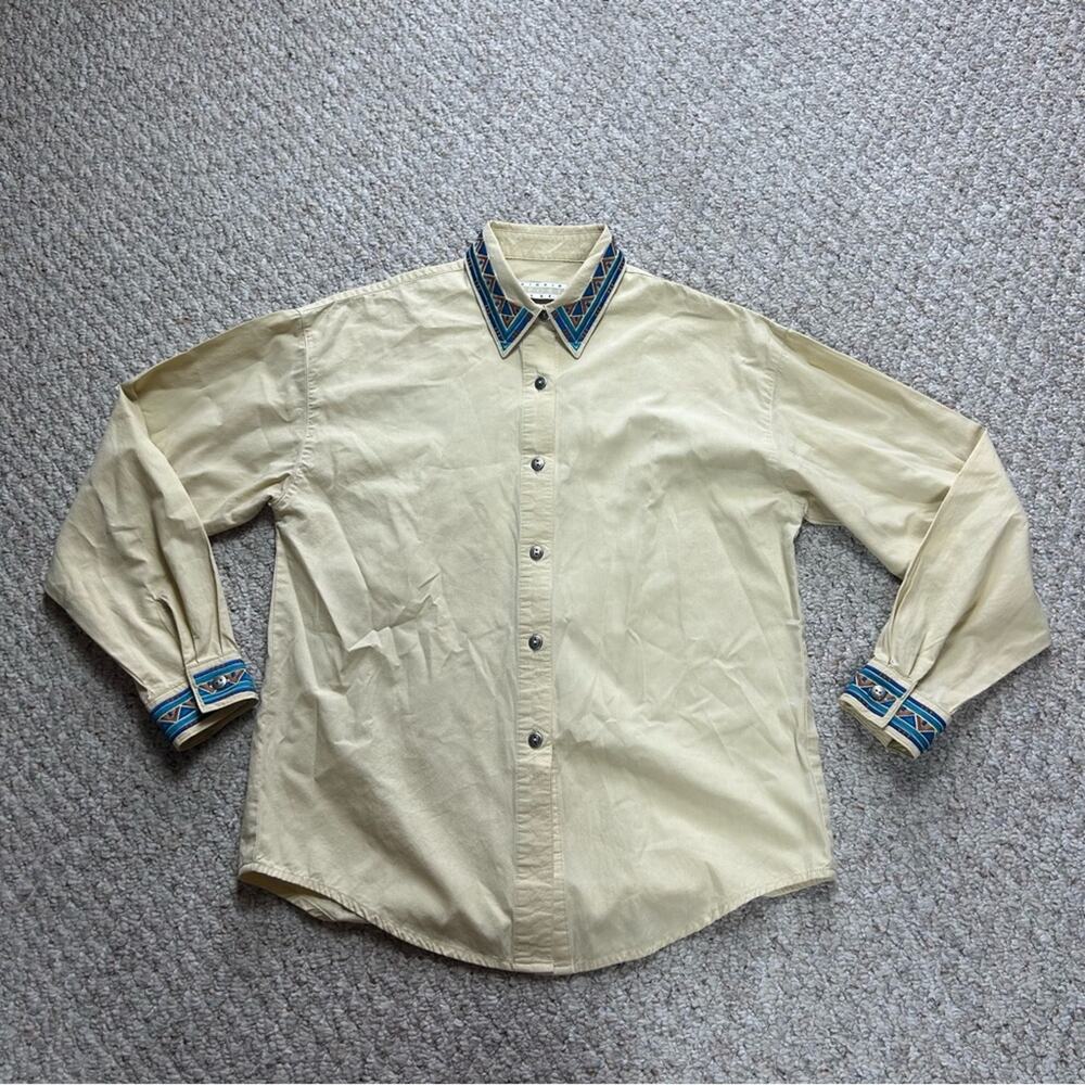 Sigrid Olsen Sport Vintage Button Down Womens S Yellow Cotton Aztec Embroidered